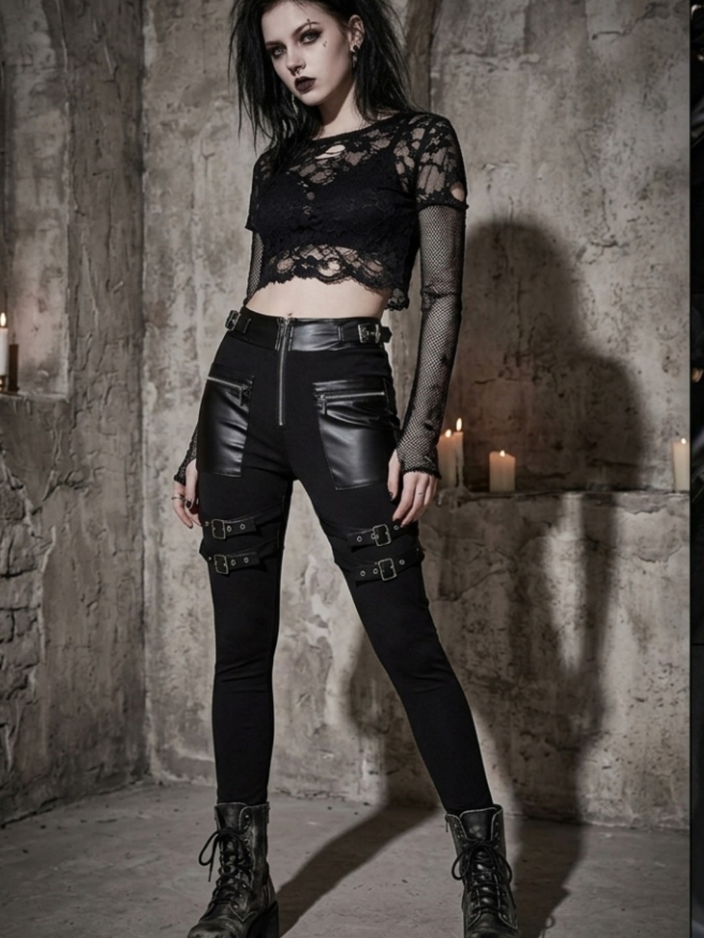 ​ChicMe Gothic Black Strapped Leggings Pants Faux Leather Pockets Buckles Size M